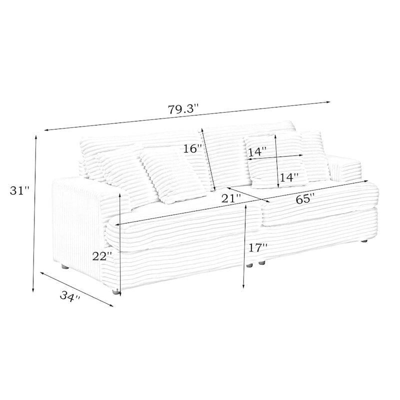 Canapé 3 places en velours côtelé blanc 79,3 avec 4 coussins décoratifs, coussin à ressorts
