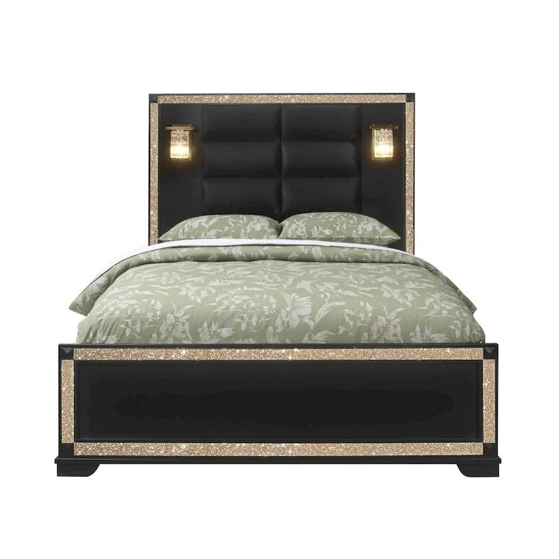 Cadre de lit queen lumineux en bois et tissu, aspect cristal noir
