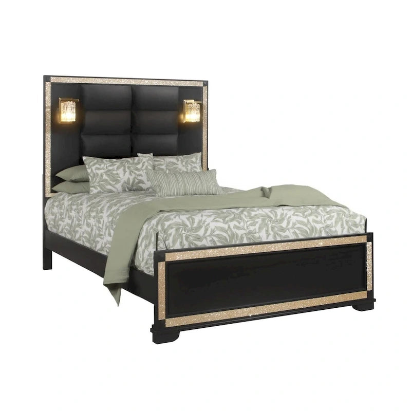 Cadre de lit queen lumineux en bois et tissu, aspect cristal noir