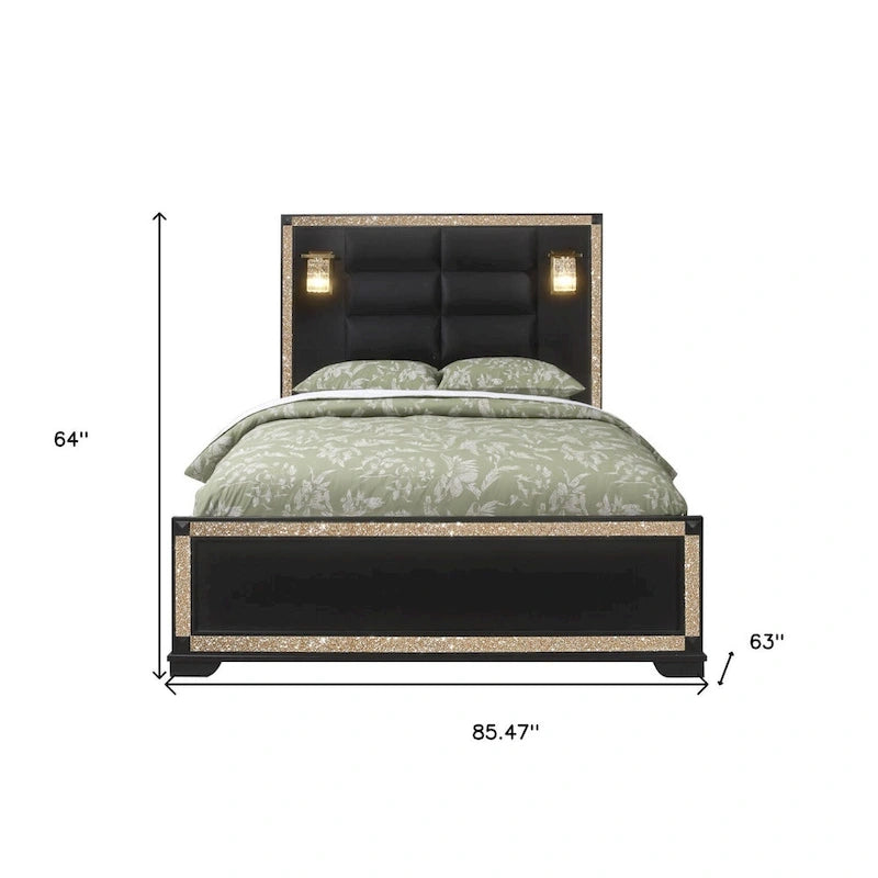 Cadre de lit queen lumineux en bois et tissu, aspect cristal noir