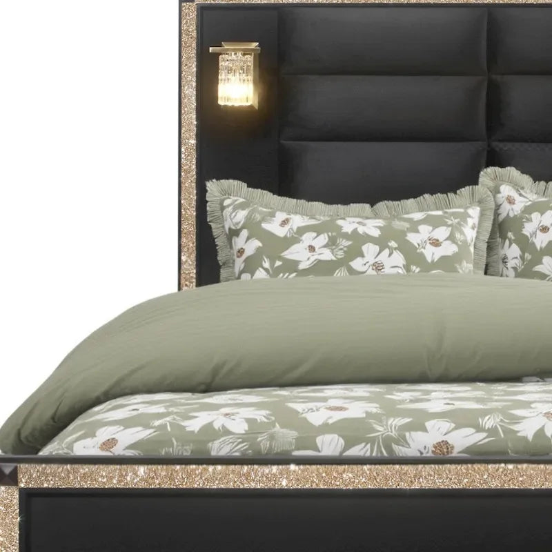 Cadre de lit queen lumineux en bois et tissu, aspect cristal noir