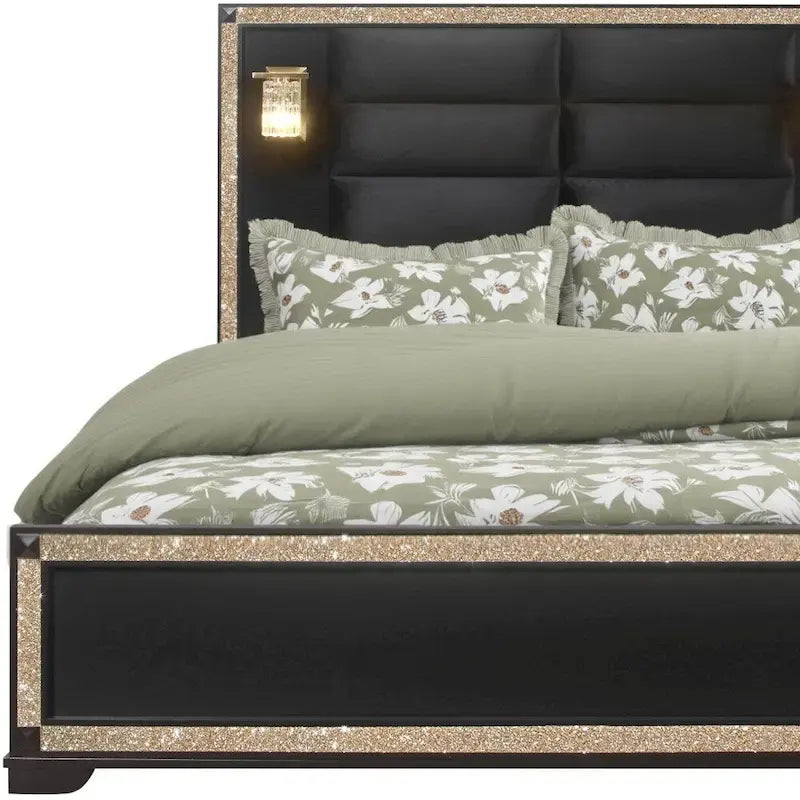 Cadre de lit queen lumineux en bois et tissu, aspect cristal noir