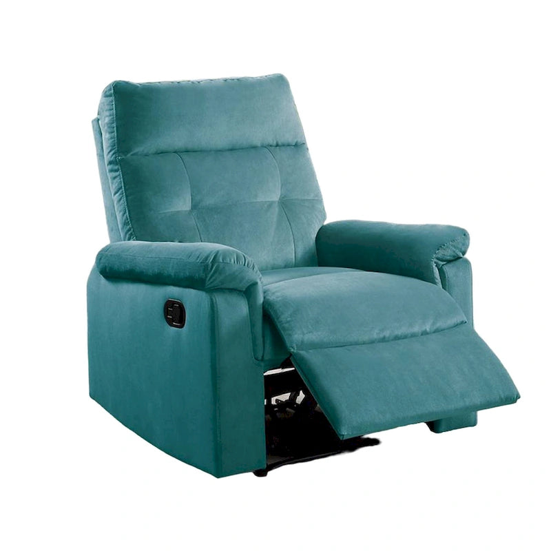 Fauteuil inclinable manuel Jessy, velours bleu capitonné, bois massif