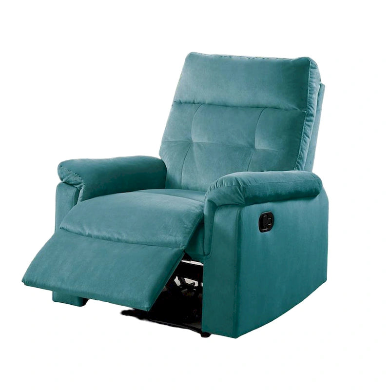Fauteuil inclinable manuel Jessy, velours bleu capitonné, bois massif