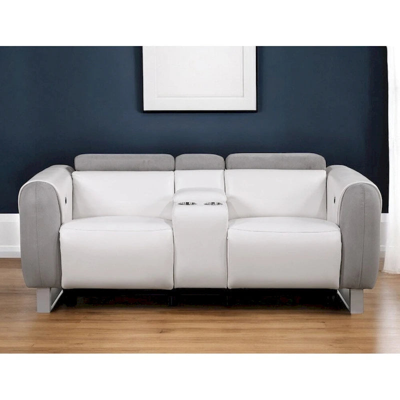 Causeuse inclinable électrique en similicuir et microfibre gris, blanc et argenté avec rangement - 76,5 po x 31,25 po x 40 po