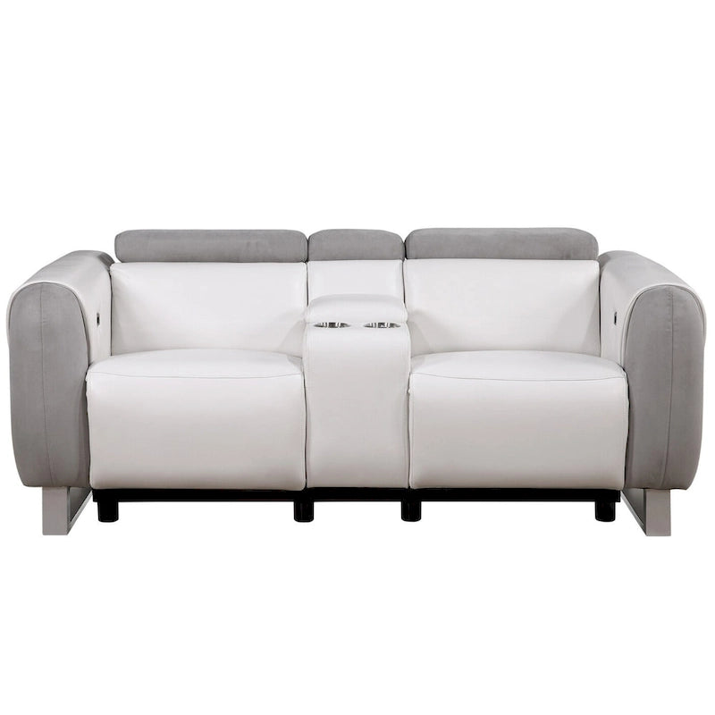 Causeuse inclinable électrique en similicuir et microfibre gris, blanc et argenté avec rangement - 76,5 po x 31,25 po x 40 po