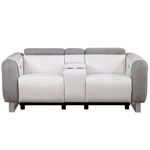 Causeuse inclinable électrique en similicuir et microfibre gris, blanc et argenté avec rangement - 76,5 po x 31,25 po x 40 po