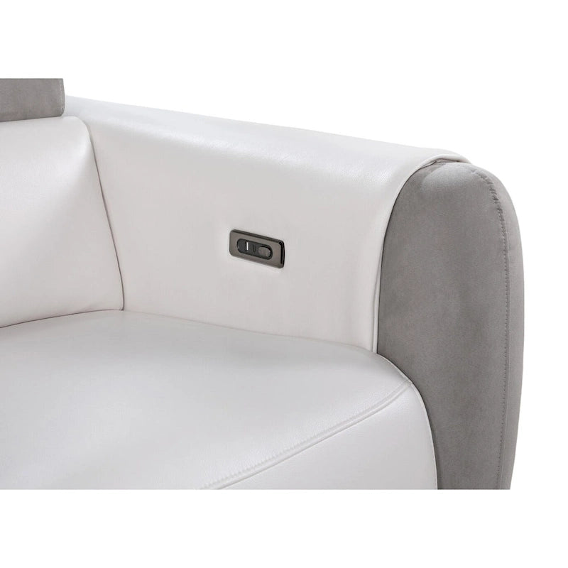 Causeuse inclinable électrique en similicuir et microfibre gris, blanc et argenté avec rangement - 76,5 po x 31,25 po x 40 po