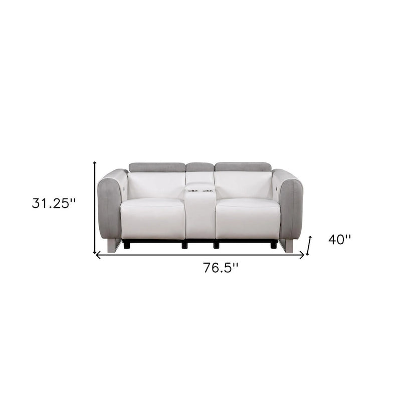 Causeuse inclinable électrique en similicuir et microfibre gris, blanc et argenté avec rangement - 76,5 po x 31,25 po x 40 po