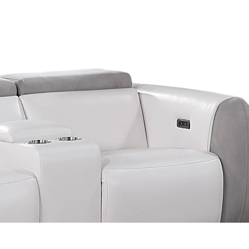 Causeuse inclinable électrique en similicuir et microfibre gris, blanc et argenté avec rangement - 76,5 po x 31,25 po x 40 po