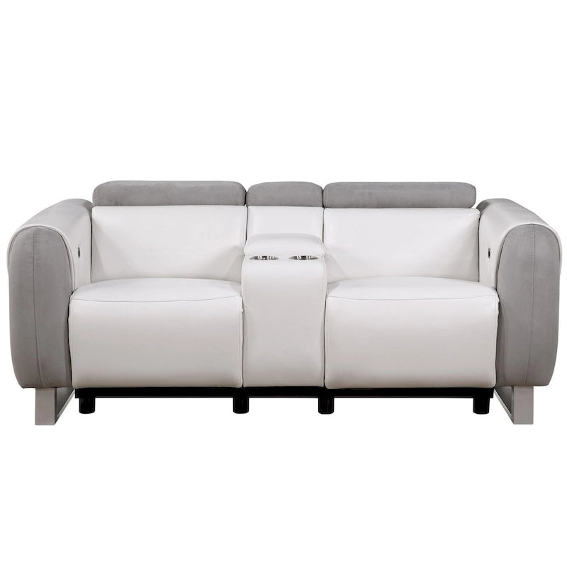 Causeuse inclinable électrique en similicuir et microfibre gris, blanc et argenté avec rangement - 76,5 po x 31,25 po x 40 po
