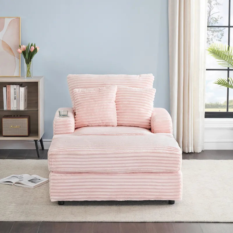 Fauteuil simple en velours côtelé rose de 99,9 cm avec pouf et porte-gobelet pour le salon