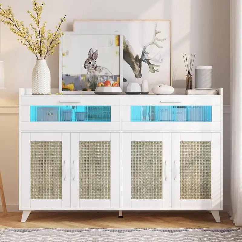 Buffet de salle à manger avec lumières LED et prises électriques, meuble de rangement, table de bar à café