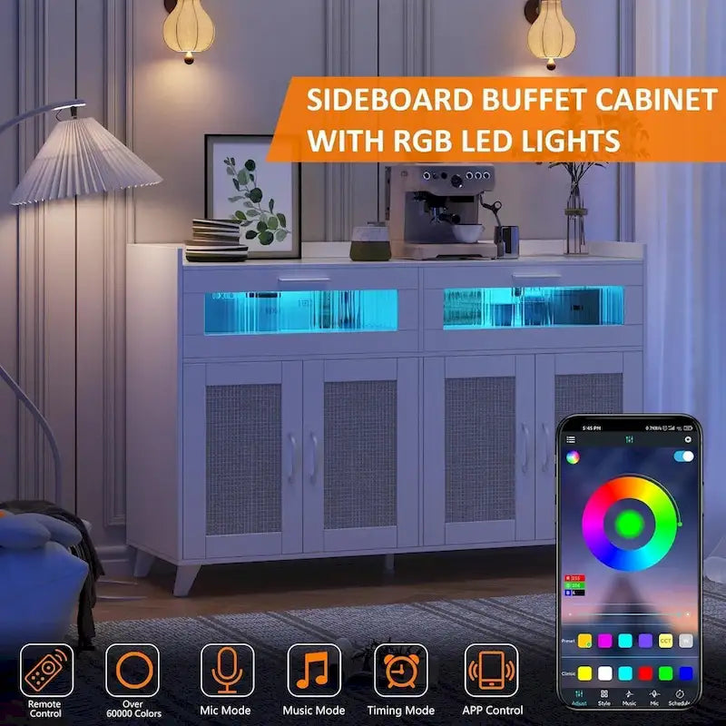 Buffet de salle à manger avec lumières LED et prises électriques, meuble de rangement, table de bar à café