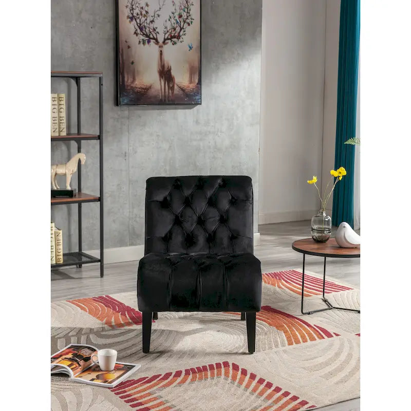 Fauteuil de salon capitonné en velours avec pieds en bois