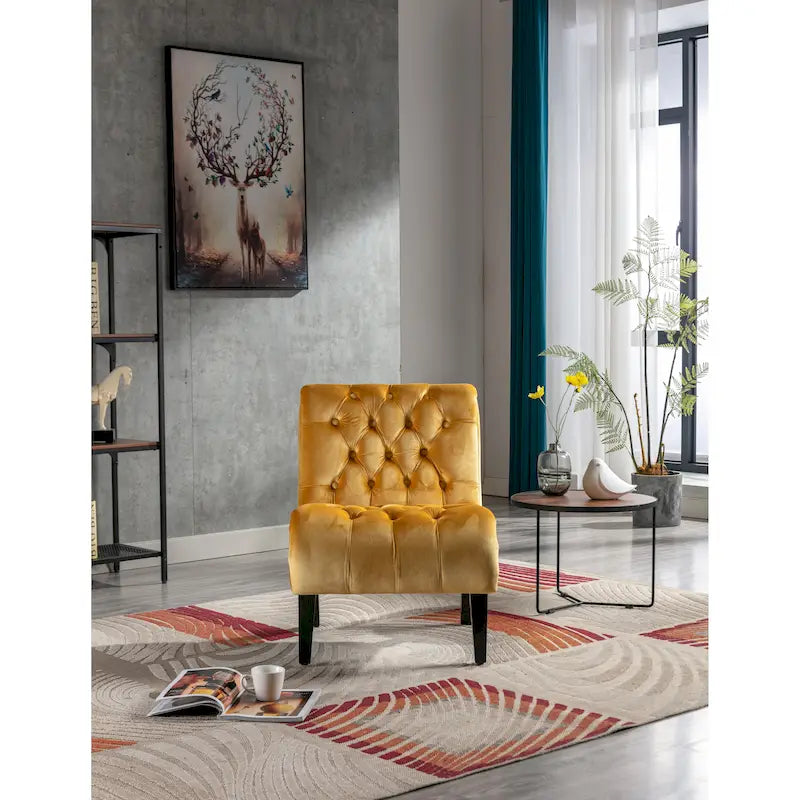 Fauteuil de salon capitonné en velours avec pieds en bois
