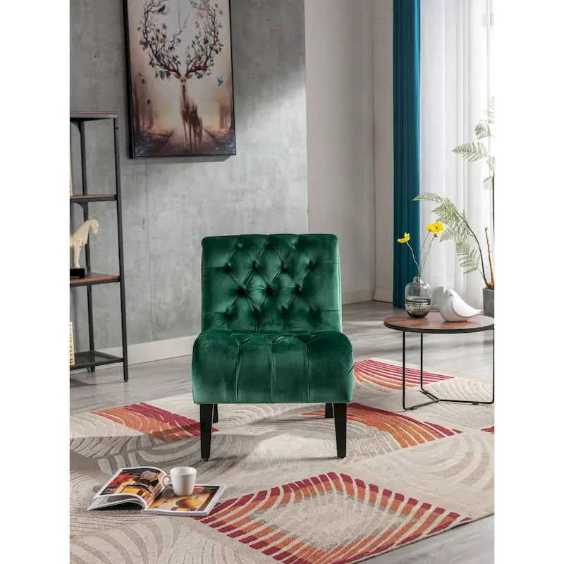 Fauteuil de salon capitonné en velours avec pieds en bois
