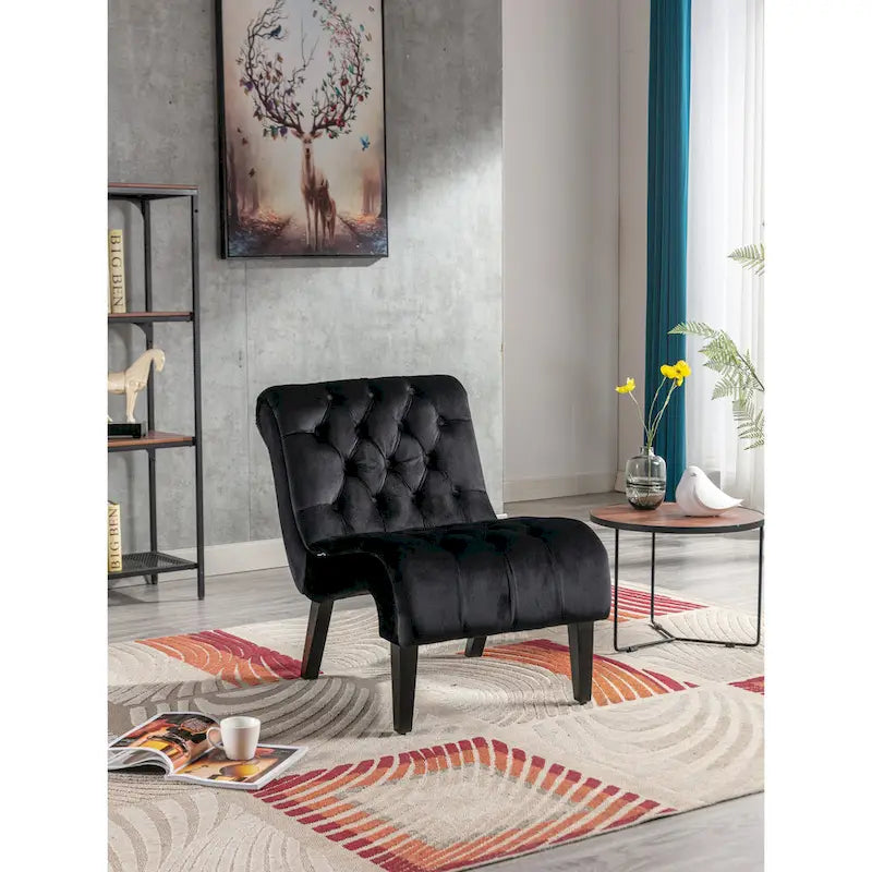 Fauteuil de salon capitonné en velours avec pieds en bois