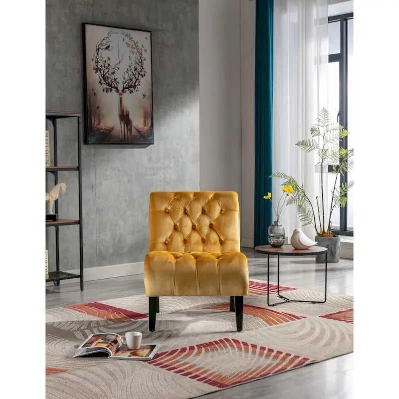 Fauteuil de salon capitonné en velours avec pieds en bois