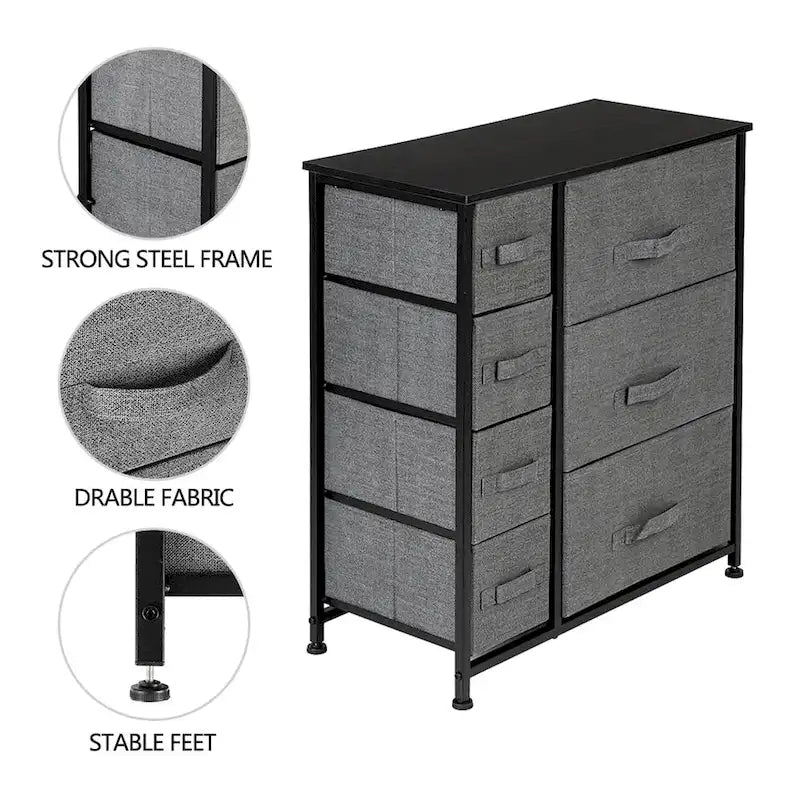 Commode avec 3 grands et 4 petits tiroirs, Meuble de rangement tour, Gris