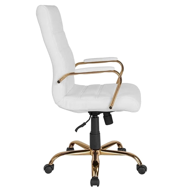 Chaise de bureau de direction pivotante réglable en cuir blanc avec dossier haut, surpiqûres horizontales et structure dorée