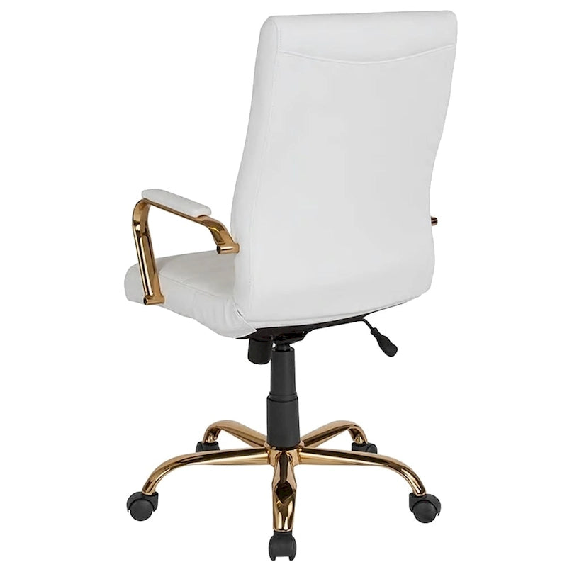 Chaise de bureau de direction pivotante réglable en cuir blanc avec dossier haut, surpiqûres horizontales et structure dorée