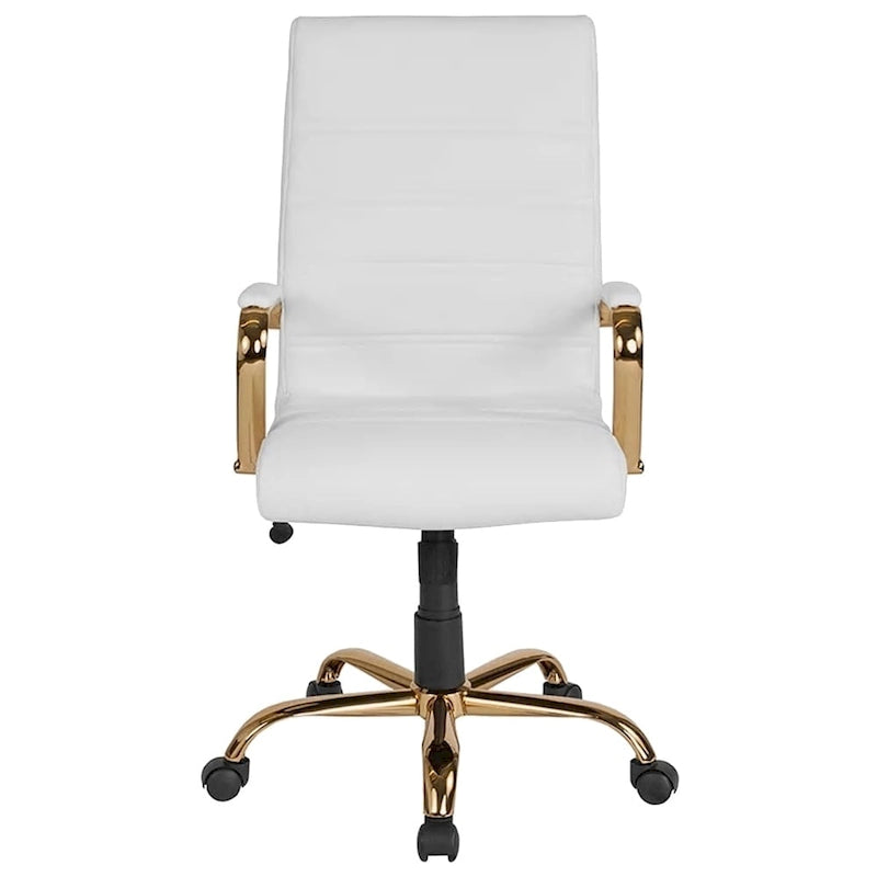 Chaise de bureau de direction pivotante réglable en cuir blanc avec dossier haut, surpiqûres horizontales et structure dorée