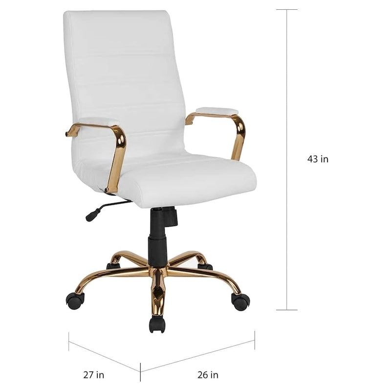 Chaise de bureau de direction pivotante réglable en cuir blanc avec dossier haut, surpiqûres horizontales et structure dorée