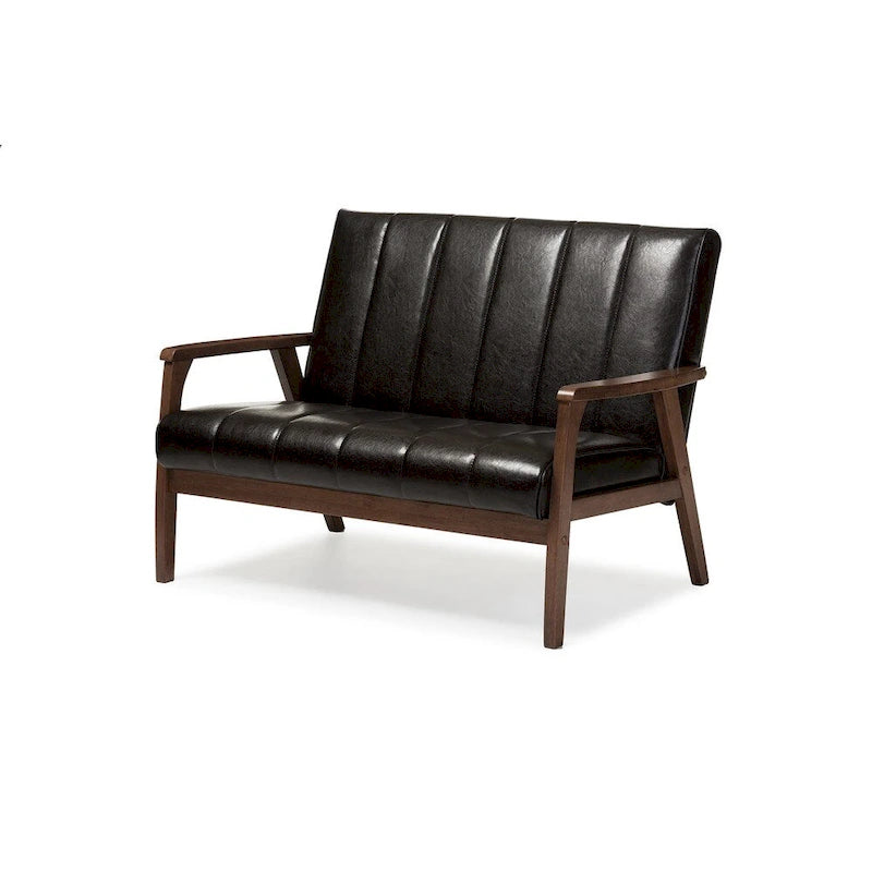 Causeuse 2 places en bois, style scandinave moderne du milieu du siècle, similicuir brun foncé