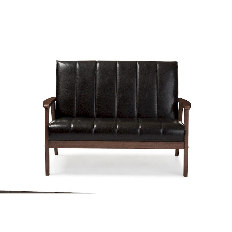 Causeuse 2 places en bois, style scandinave moderne du milieu du siècle, similicuir brun foncé