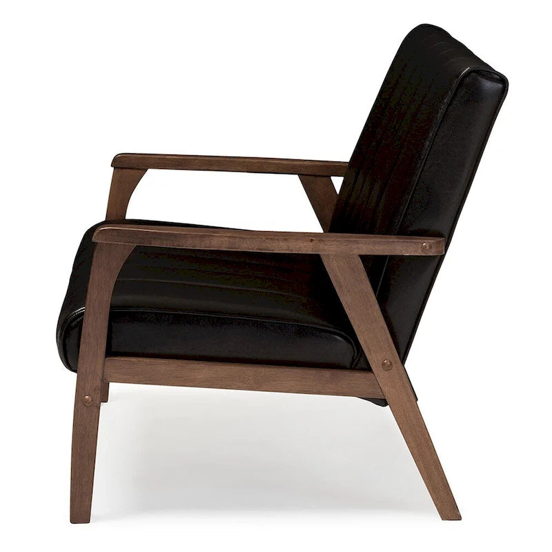Causeuse 2 places en bois, style scandinave moderne du milieu du siècle, similicuir brun foncé