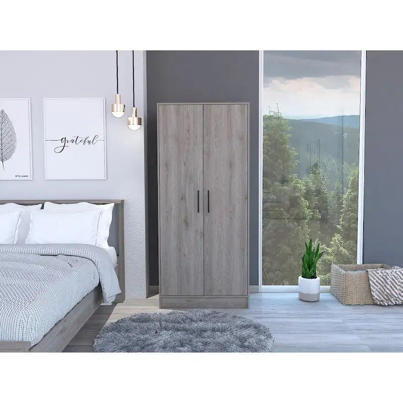 Armoire, deux étagères, double porte, tringle en métal, un tiroir - Gris clair