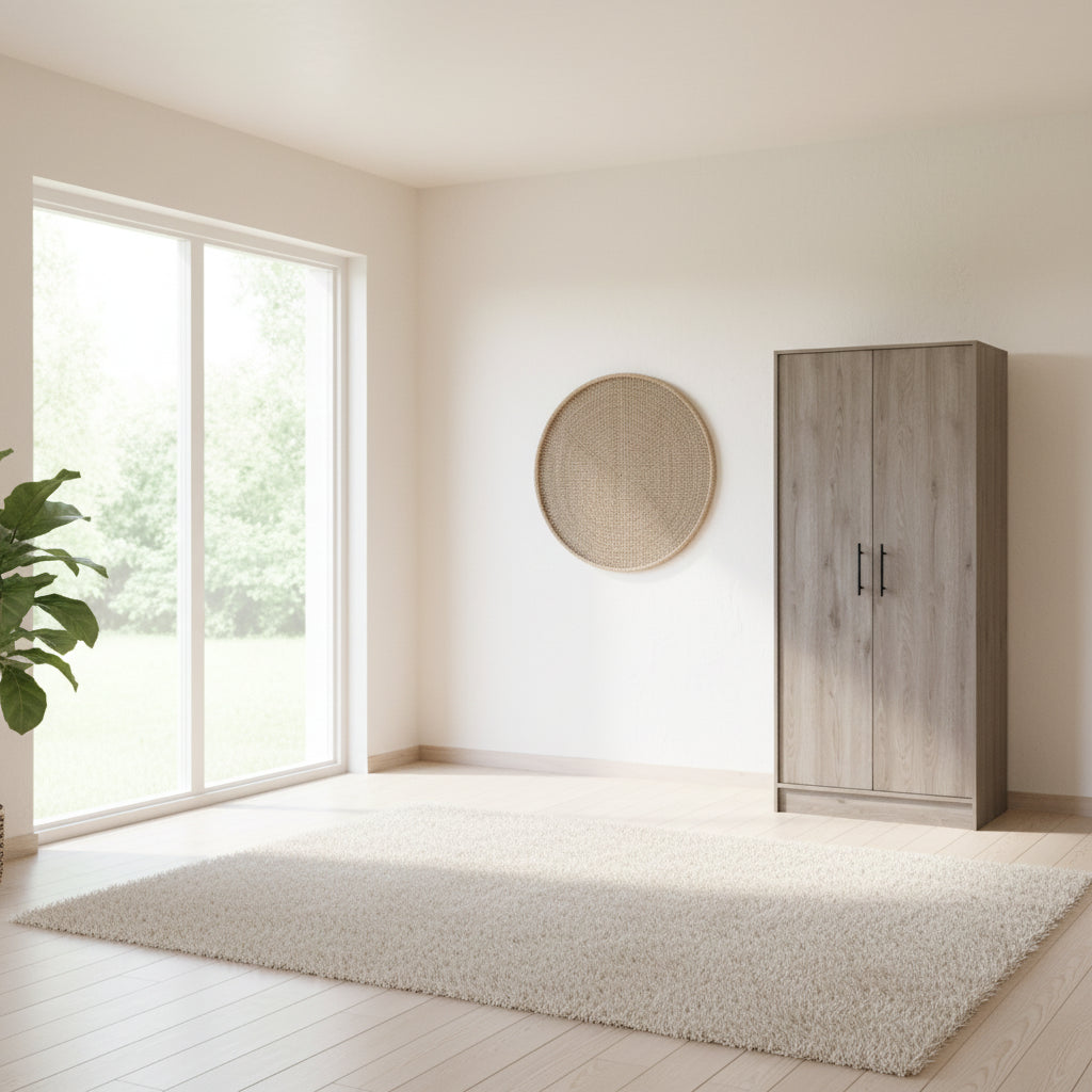 Armoire, deux étagères, double porte, tringle en métal, un tiroir - Gris clair