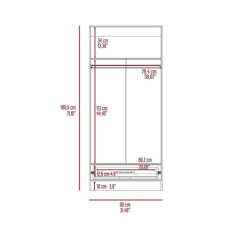 Armoire, deux étagères, double porte, tringle en métal, un tiroir - Gris clair