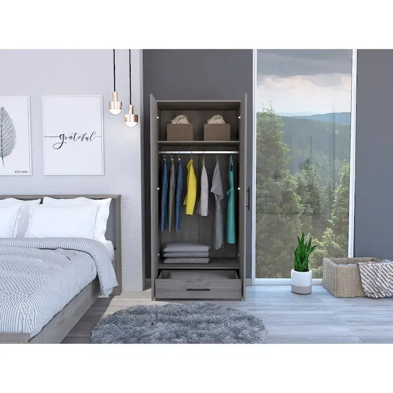 Armoire, deux étagères, double porte, tringle en métal, un tiroir - Gris clair