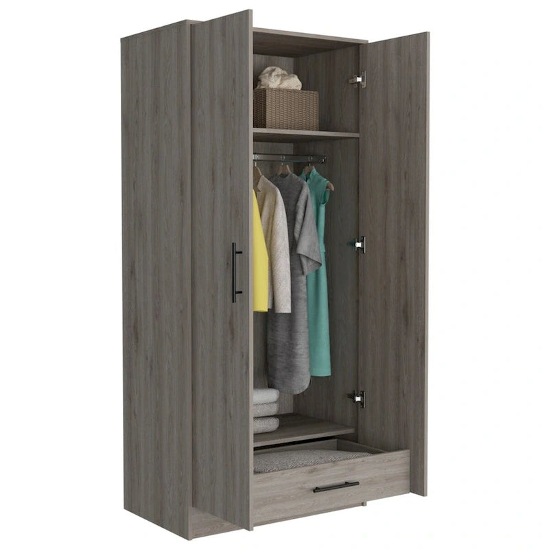 Armoire, deux étagères, double porte, tringle en métal, un tiroir - Gris clair