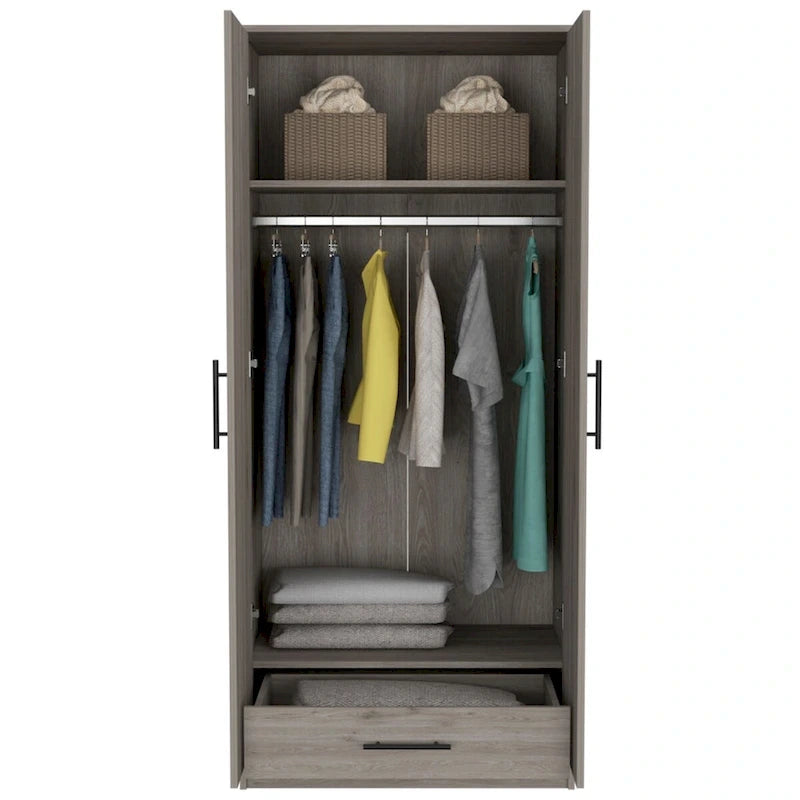 Armoire, deux étagères, double porte, tringle en métal, un tiroir - Gris clair