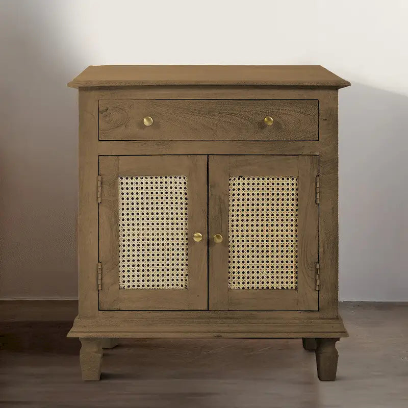 Table de chevet 30 pouces, portes et façades de tiroirs en rotin, bois de manguier brun sablé
