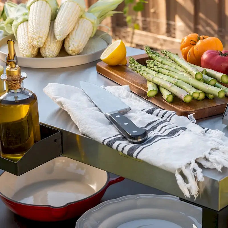 Chariot de préparation de barbecue d'extérieur en acier inoxydable avec double étagère