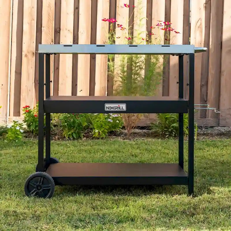 Chariot de préparation de barbecue d'extérieur en acier inoxydable avec double étagère