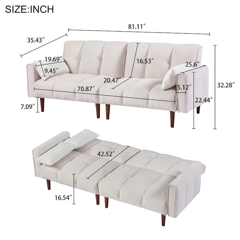 Canapé-lit futon convertible, canapé-lit ajustable, canapé-lit futon moderne en tissu de lin avec 2 oreillers