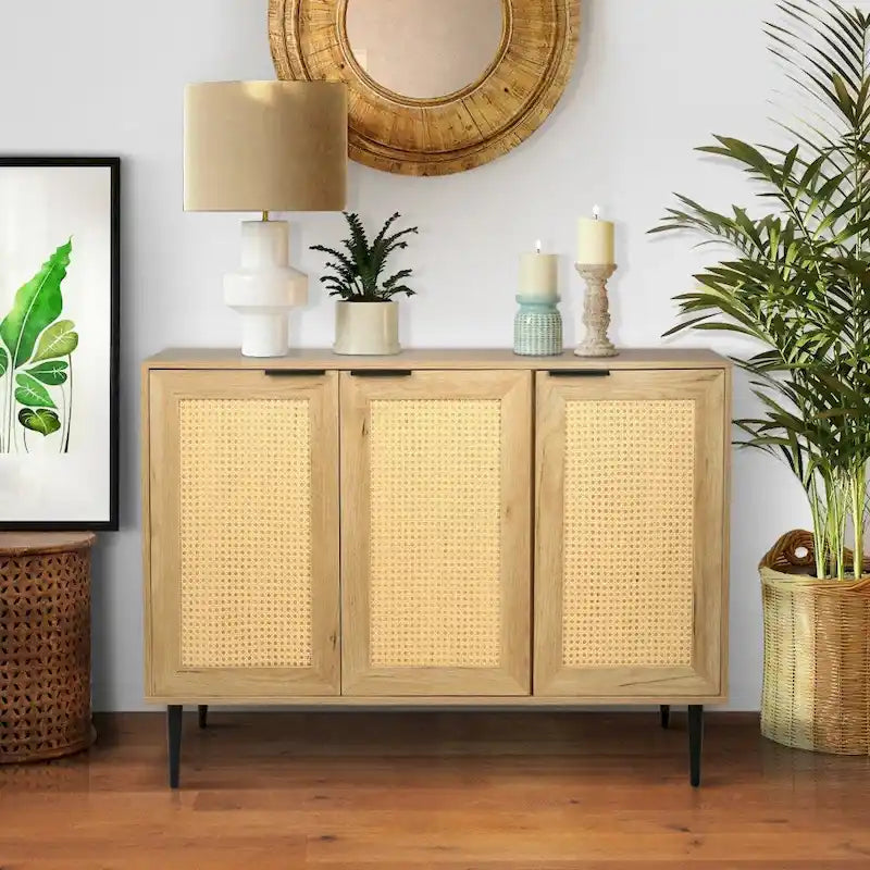 47.24 Meuble de rangement en bois avec 3 portes en rotin et 3 étagères