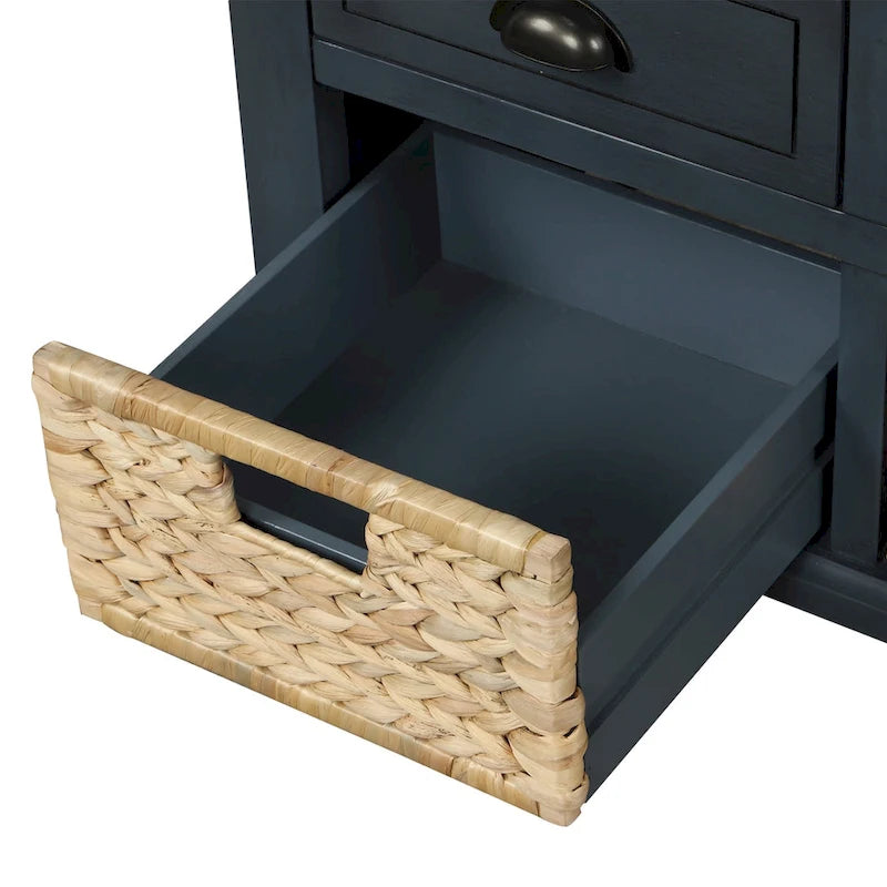 Banc de rangement rustique avec 3 tiroirs et 3 paniers en rotin, banc à chaussures pour salon, entrée