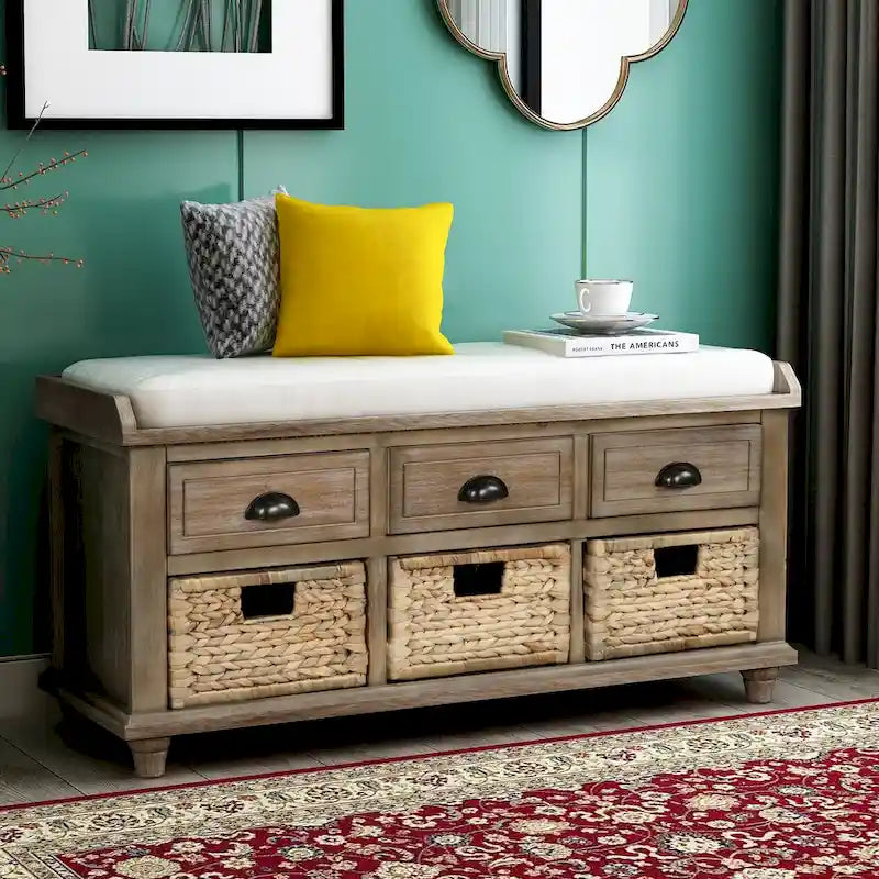 Banc de rangement rustique avec 3 tiroirs et 3 paniers en rotin, banc à chaussures pour salon, entrée