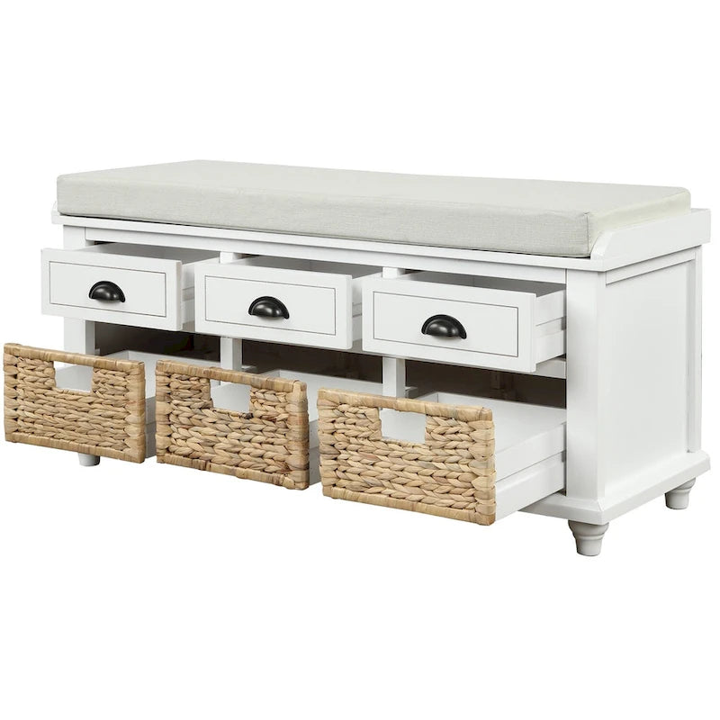Banc de rangement rustique avec 3 tiroirs et 3 paniers en rotin, banc à chaussures pour salon, entrée
