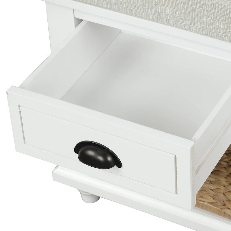 Banc de rangement rustique avec 3 tiroirs et 3 paniers en rotin, banc à chaussures pour salon, entrée