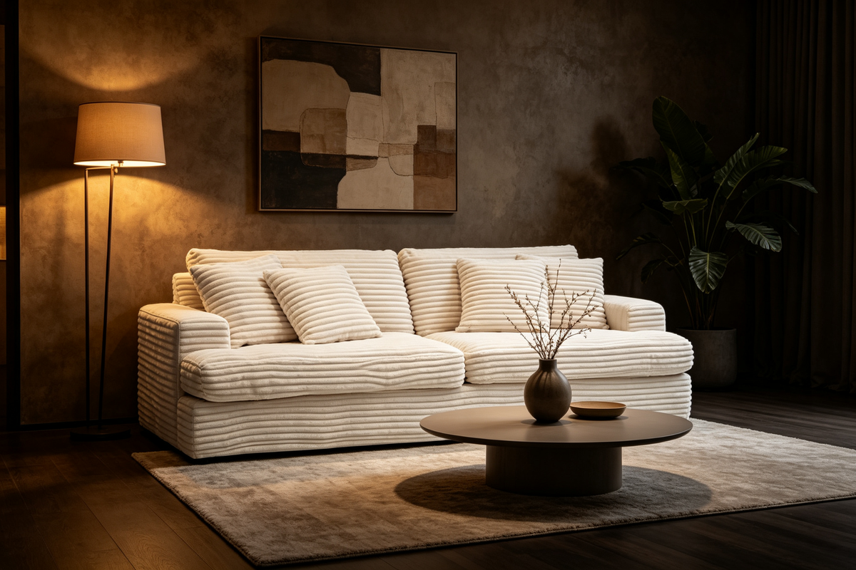 Canapé 3 places en velours côtelé blanc 79,3 avec 4 coussins décoratifs, coussin à ressorts